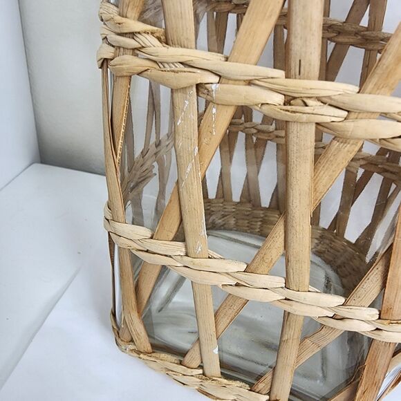 Lidded Seagrass Glass Wicker Boho Retro Square Storage Jar Vintage Set of 4 - Picture 11 of 14